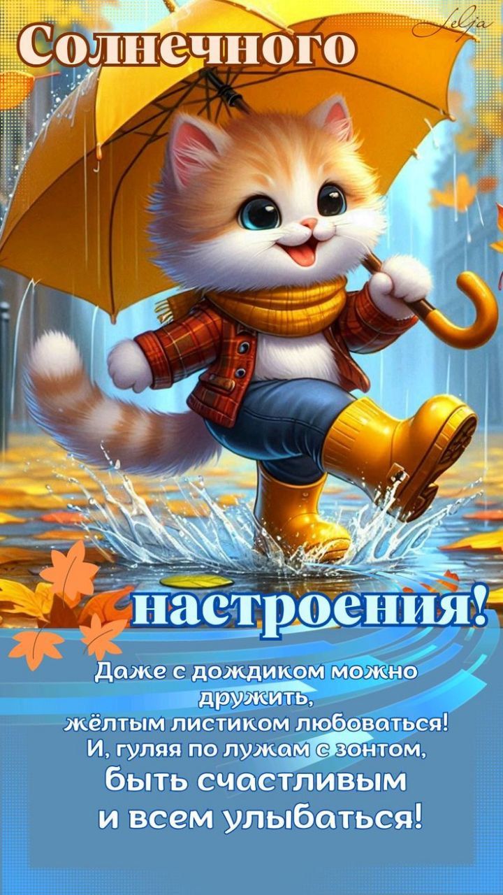 Солнечного настроения! Даже с дождиком можно дружить, жёлтым листиком любоваться! И, гуляя по лужкам с зонттом, быть счастливым и всем улыбаться!