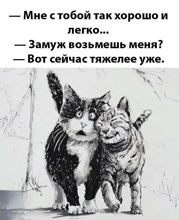 — Мне с тобой так хорошо и легко...\n— Замуж возьмешь меня?\n— Вот сейчас тяжелее уже.