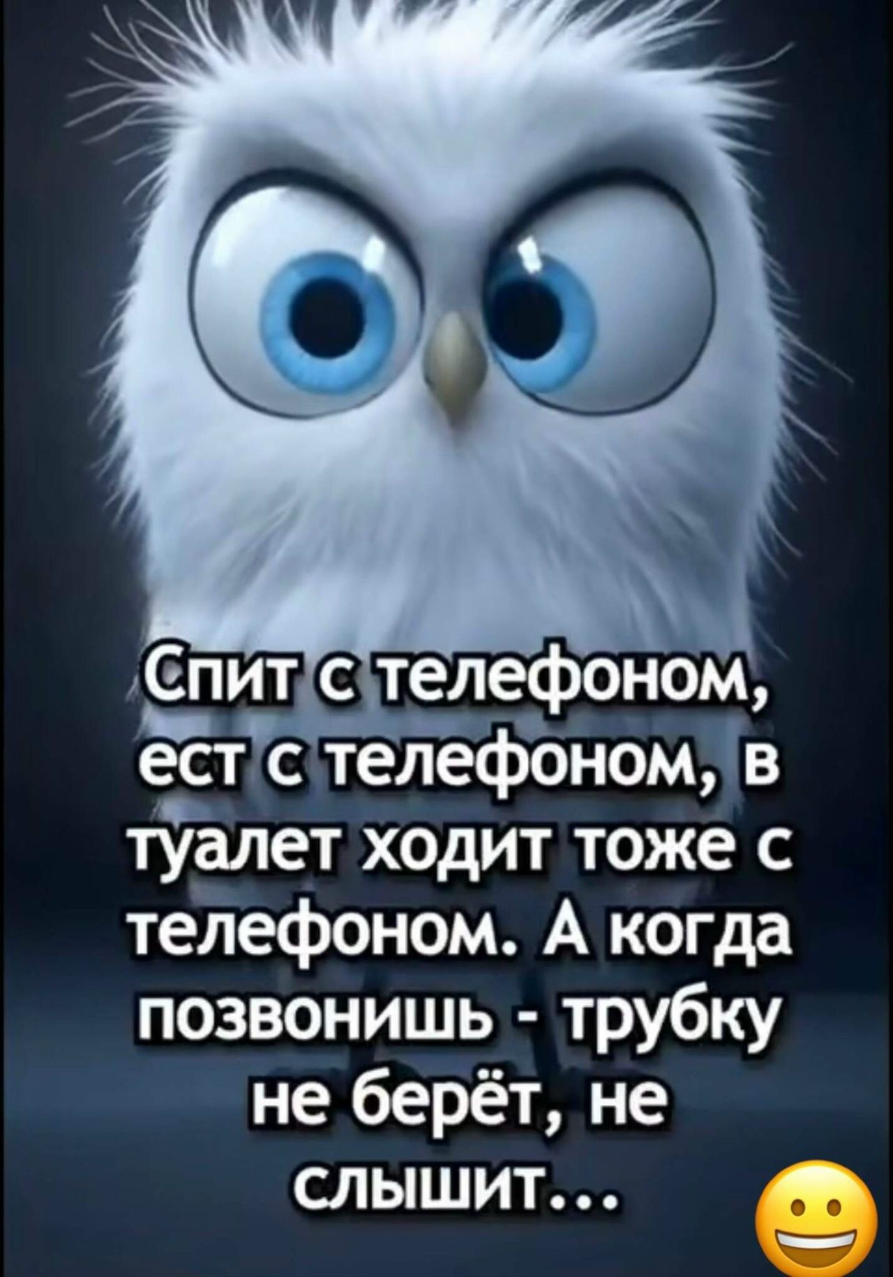 Спит с телефоном, ест с телефоном, в туалет ходит тоже с телефоном. А когда позвонишь - трубку не берет, не слышит...