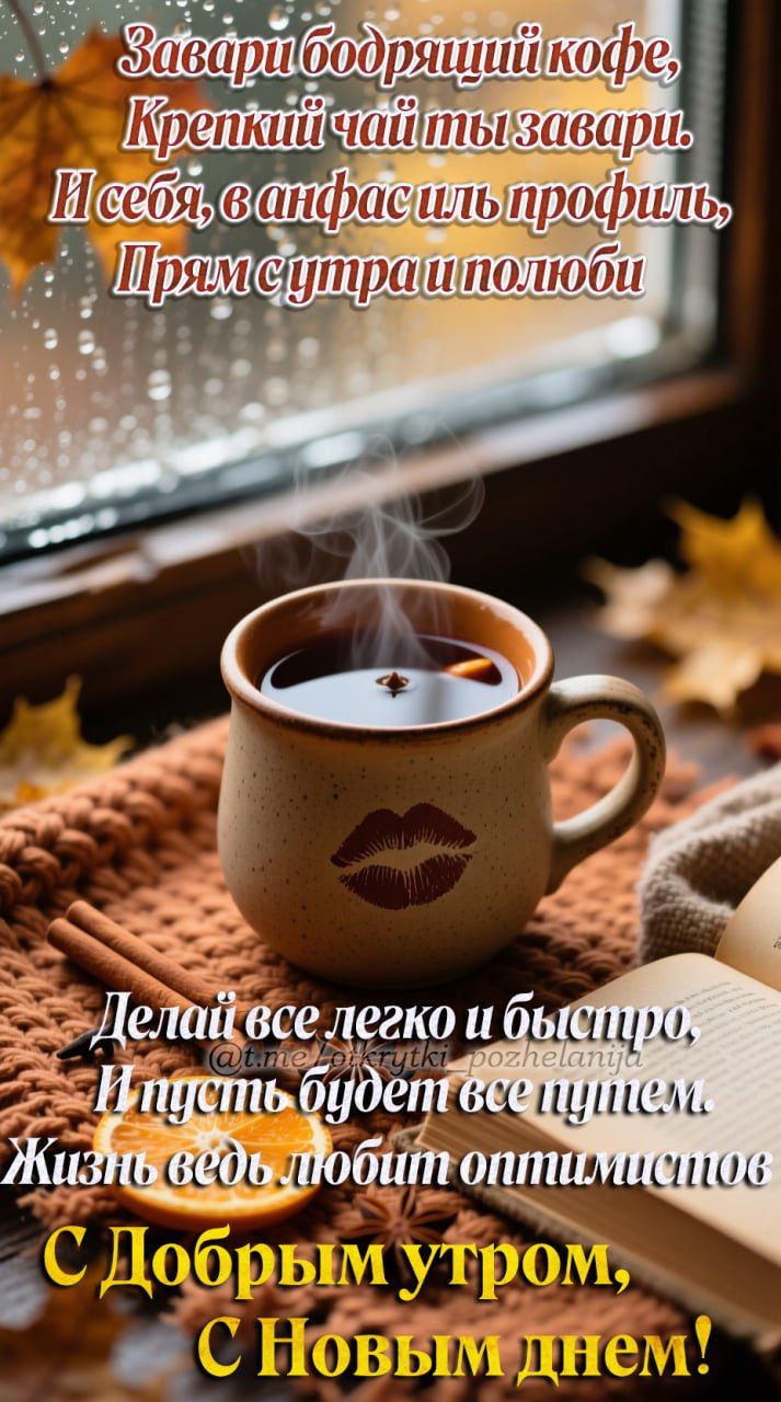 Завари бодрящий кофе, Крепкий чай ты завари. И себя, в анфас иль профиль, Прав с утра и любовью. Делай все легко и быстро, И пусть будет все путём. Жизнь ведь любит оптимистично. С Добрым утром, С Новым днем!