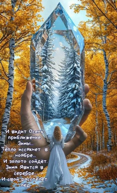 И видит Осень приближение Зимы... Тепло исчезает в ноябре... И золото сойдёт. Зима явится в серебре... И свой рассветел лёд.