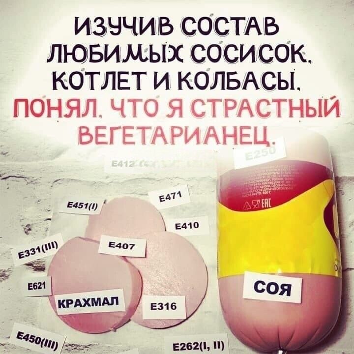 ИЗУЧИВ СОСТАВ ЛЮБИМЫХ СОСИСОК, КОТЛЕТ И КОЛБАСЫ, ПОНЯЛ, ЧТО Я СТРАСТНЫЙ ВЕГЕТАРИАНЕЦ.
