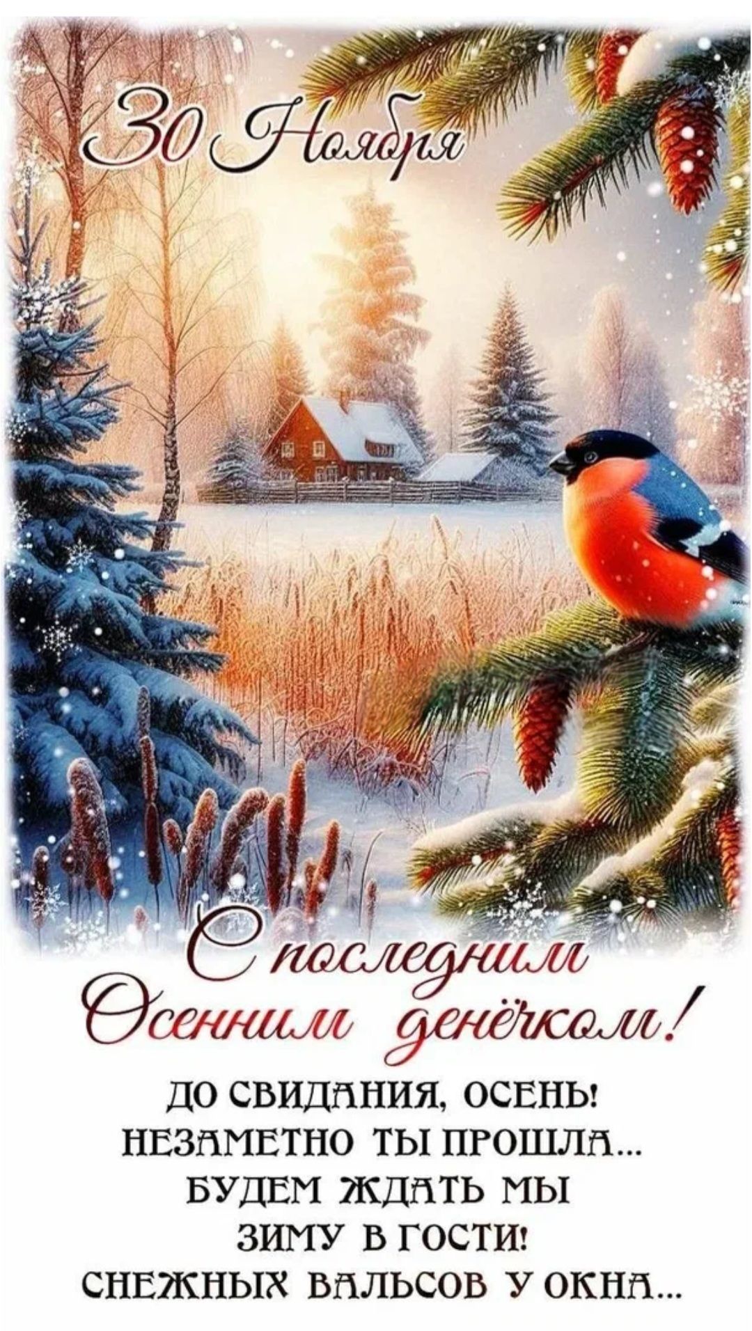 30 Ноября
С последним осенним денёком!
До свидания, осень! Незаметно ты прошла...
Будем ждать мы зиму в гости!
Снежных вальсов у окна...