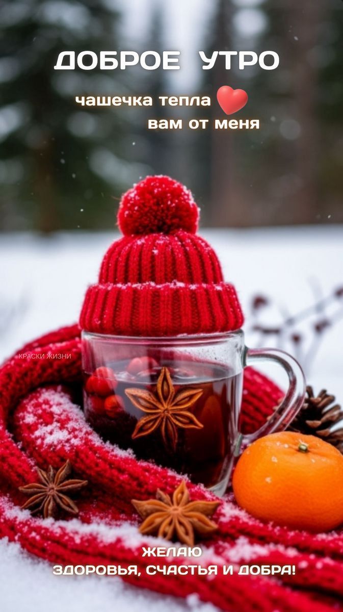 ДОБРОЕ УТРО\nчашечка тепла ❤️\nвам от меня\n\nЖЕЛАЮ\nЗДОРОВЬЬЯ, СЧАСТЬЯ И ДОБРА!