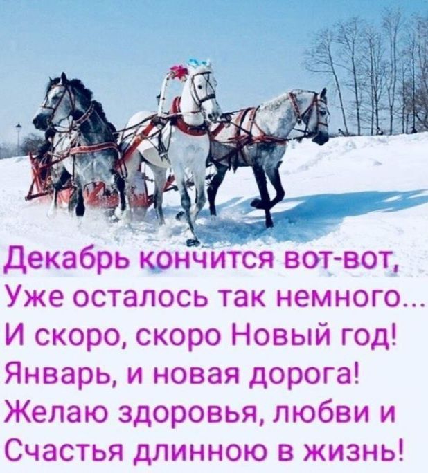 Декабрь кончится вот-вот, Уже осталось так немного... И скоро, скоро Новый год! Январь, и новая дорога! Желаю здоровья, любви и счастья длинною в жизнь!