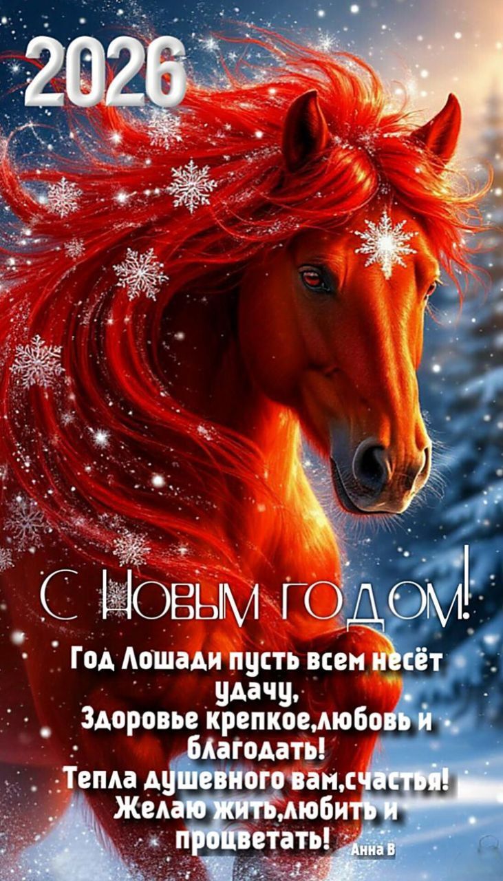 2026
С Новым годом!
Год Лошади пусть всем несёт удачу, Здоровье крепкое,любовь и благодать! Тепла душевного вам, счастья! Желаю жить,любить и процветать! Анна В
