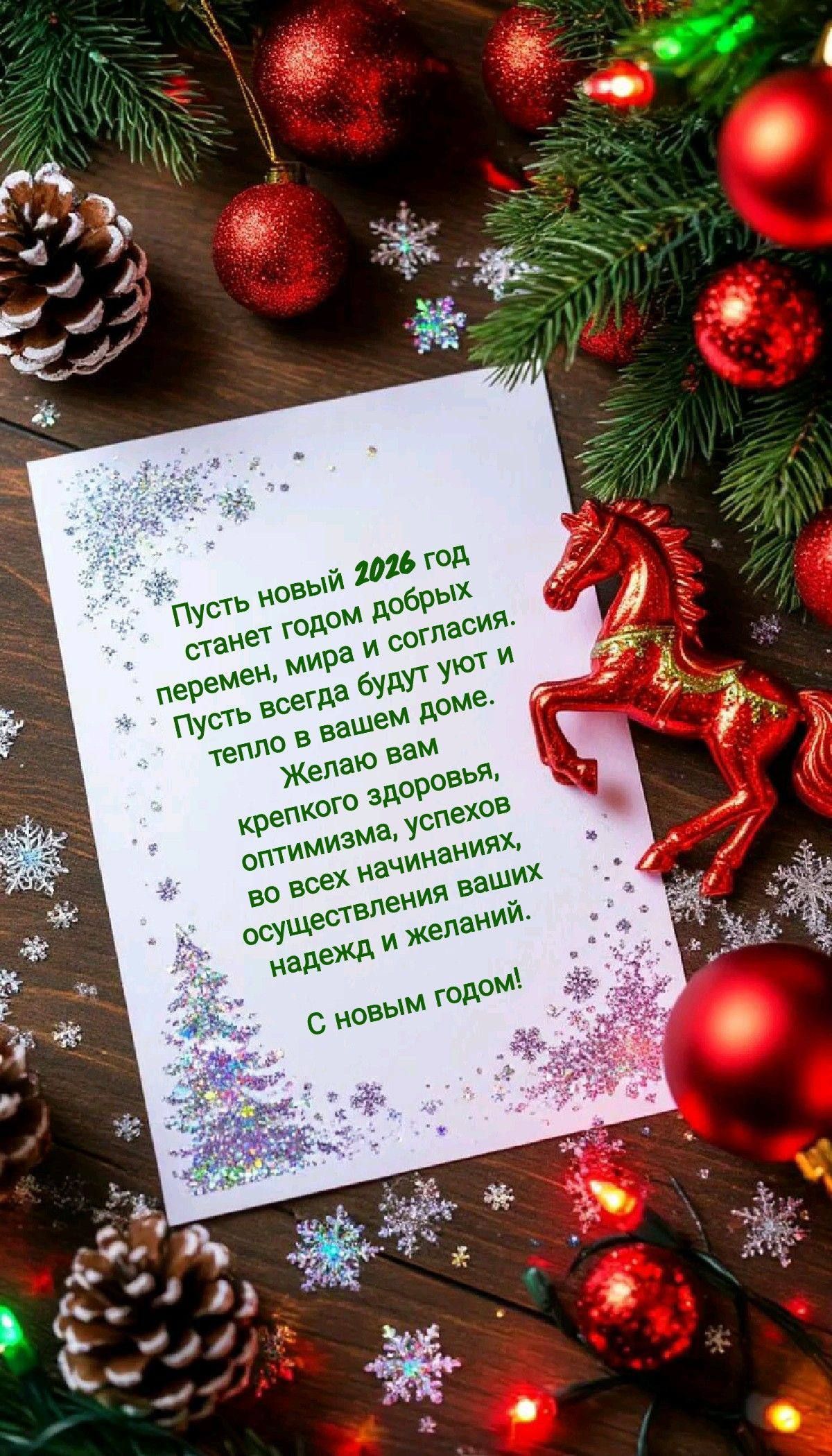Пусть новый 2026 год станет годом добрых перемен, мира и согласия. Пусть всегда будут уют и тепло в вашем доме. Желаю вам крепкого здоровья, оптимизма, успехов во всех начинаниях, осуществления ваших надежд и желаний. С новым годом!