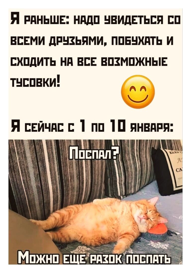 Я раньше: надо увидеться со всеми друзьями, побухать и сходить на все возможные тусовки! Я сейчас с 1 по 10 января: Поспал? Можно еще разок поспать
