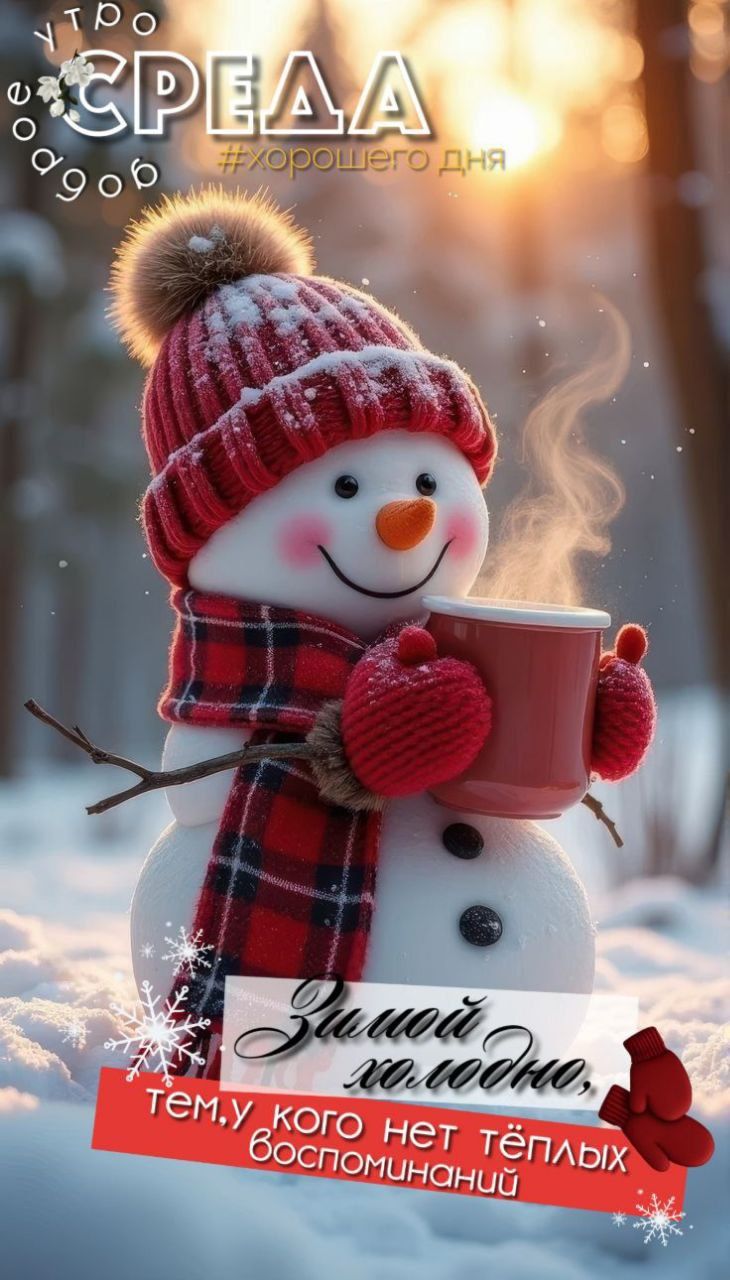 Утро Среда #хорошего дня. Зимний снеговик держит чашку на морозном фоне. Зимою помню тем, у кого нет тёплых воспоминаний.