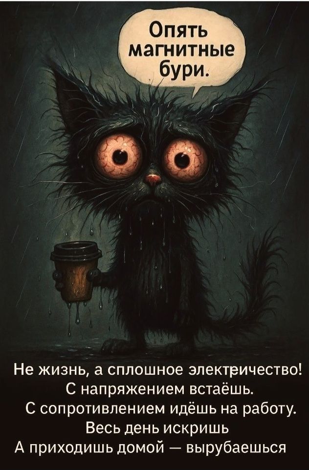 Опять магнитные бури. Не жизнь, а сплошное электричество! С напряжением встаёшь. С сопротивлением идёшь на работу. Весь день искришь, А приходишь домой — вырубаешься
