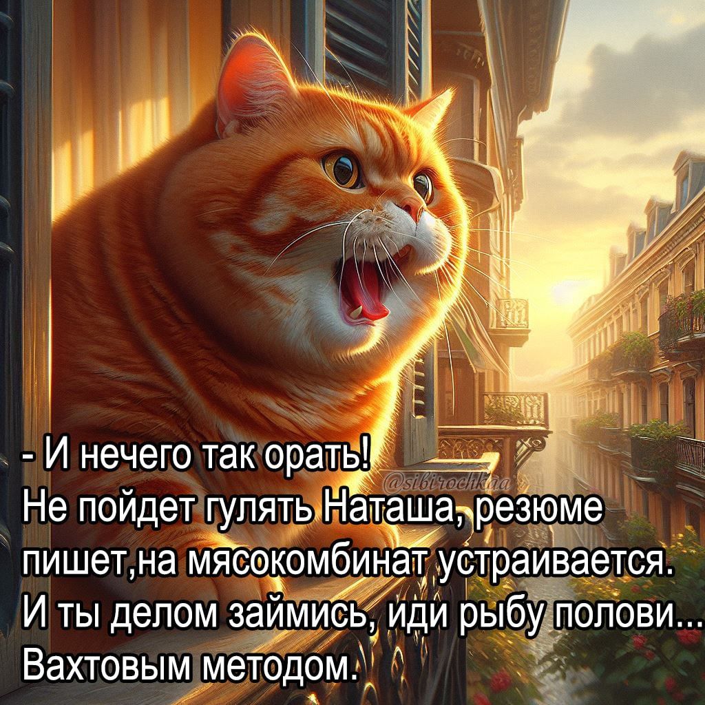 - И нечего так орать! Не пойдет гулять Наташа, резюме пишет, на мясокомбинат устраивается. И ты делом займись, иди рыбу полови... Вахтовым методом.