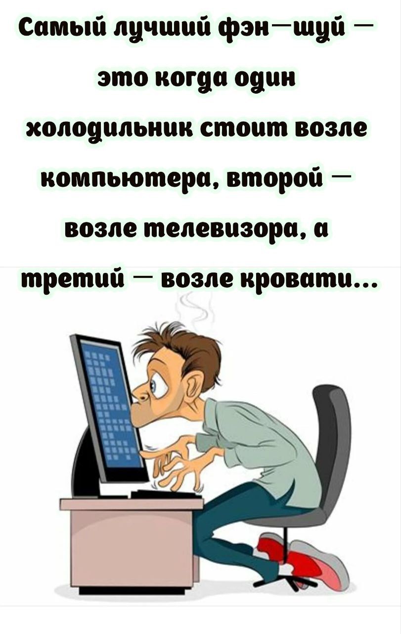 Самый лучший фэн—шуй — это когда один холодильник стоит возле компьютера, второй — возле телевизора, а третий — возле кровати...