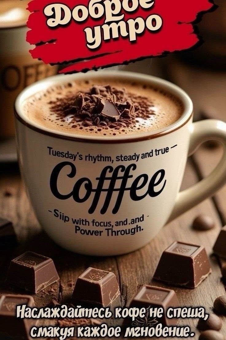 Доброе утро. На чашке надпись Coffee и английский текст; нижняя надпись: Наслаждайтесь кофе не спеша, смакуя каждое мгновение.
