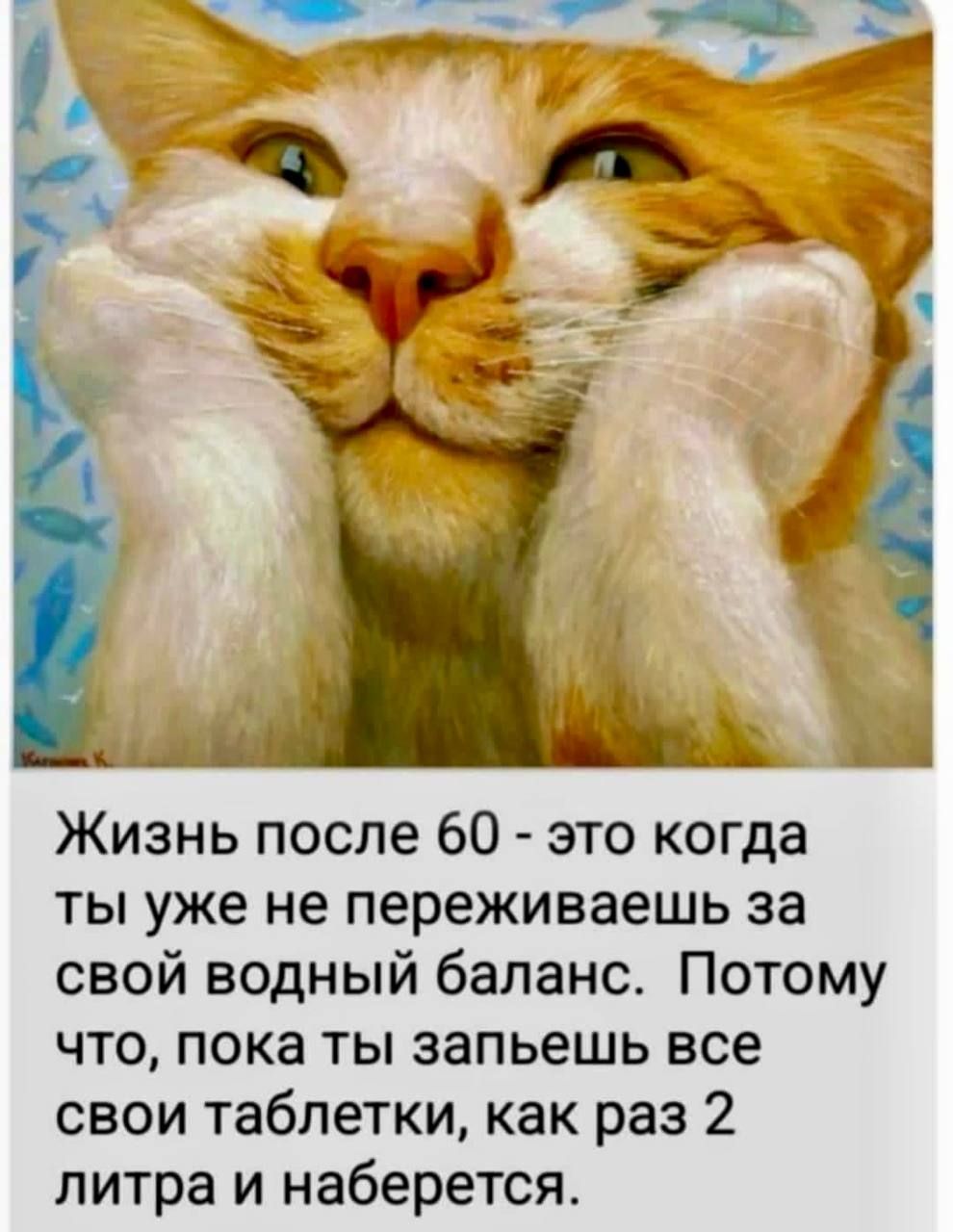 Жизнь после 60 - это когда ты уже не переживаешь за свой водный баланс. Потому что, пока ты запьешь все свои таблетки, как раз 2 литра наберется.