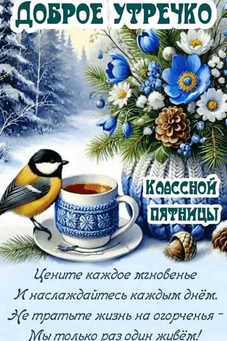 Доброе утречко
Классной пятницы
Цените каждое мгновение
И наслаждайтесь каждым днём.
Не тратьте жизнь на огорченья -
Мы только раз один живём!