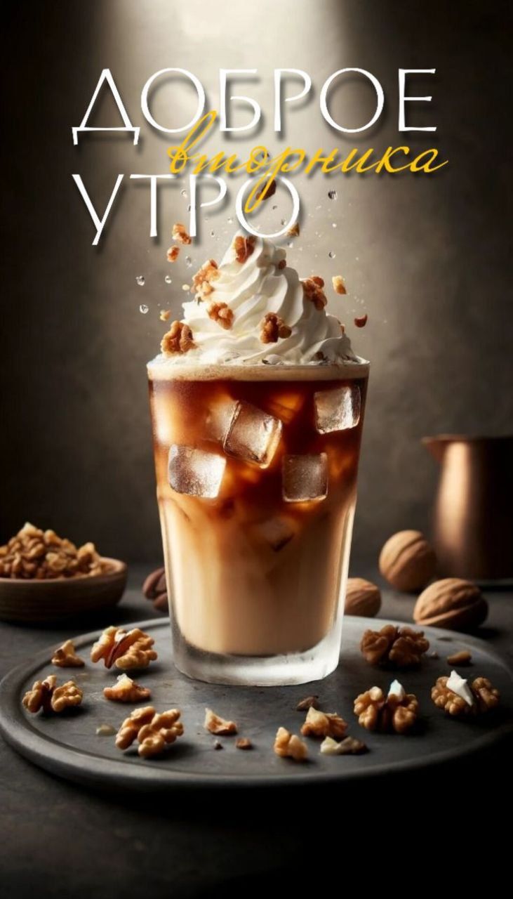 ДОБРОЕ УТРО. Кофе с льдом, сливками и орехами; изображение поздравляет с началом дня.