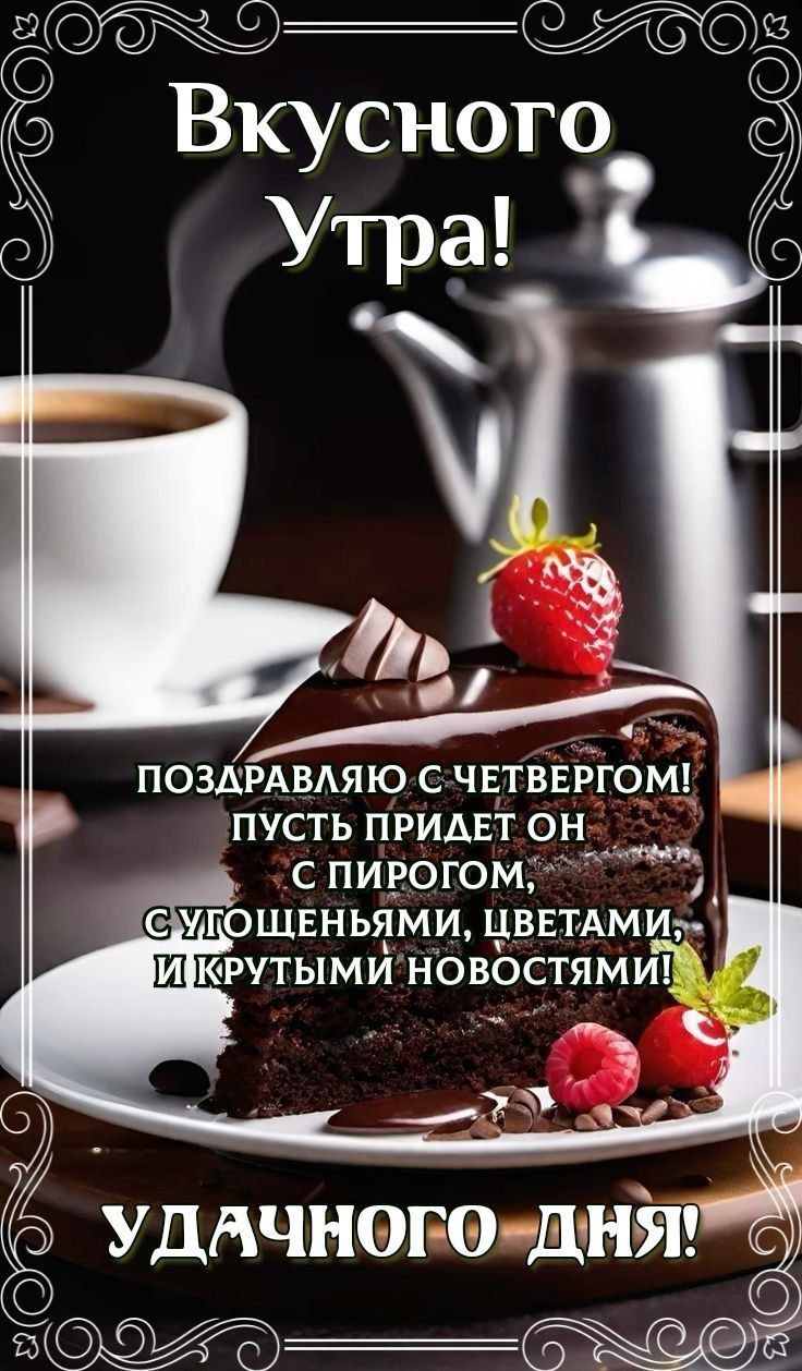 Вкусного Утра! ПОЗДРАВЛЯЮ С ЧЕТВЕРГОМ! ПУСТЬ ПРИДЕТ ОН С ПИРОГОМ, С УГОЩЕНИЯМИ, ЦВЕТАМИ, И КРУТЫМИ НОВОСТЯМИ! УДАЧНОГО ДНЯ!