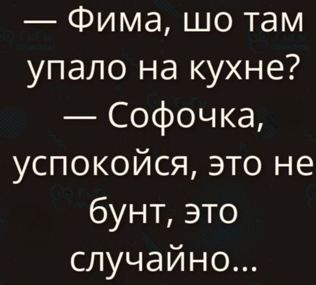 — Фима, что там упало на кухне?\n— Софочка, успокойся, это не бунт, это случайно...