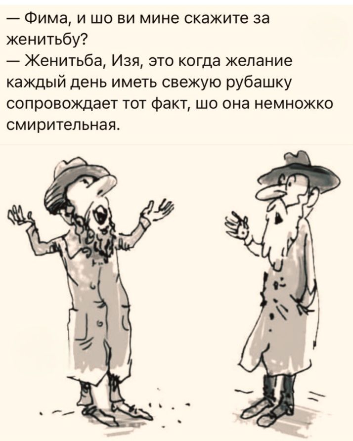— Фима, и шо ви мне скажите за женитьбу?
— Женитьба, Изя, это когда желание каждый день иметь свежую рубашку сопровождает тот факт, шо она немножко смирительная.