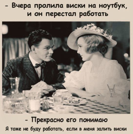 - Вчера пролила виски на ноутбук, и он перестал работать
- Прекрасно его понимаю
Я тоже не буду работать, если в меня залить виски