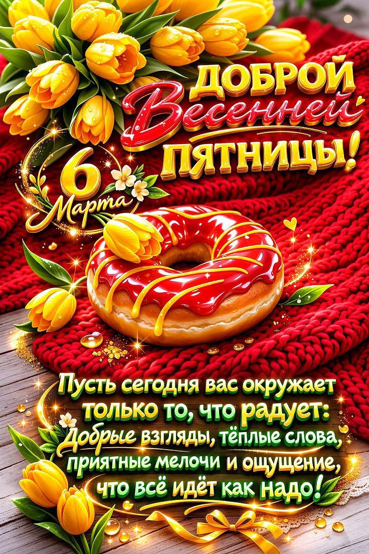 Доброй Весенней пятницы! 6 Марта Пусть сегодня вас окружает только то, что радует: Добрые взгляды, тёплые слова, приятные мелочи и ощущение, что всё идёт как надо!
