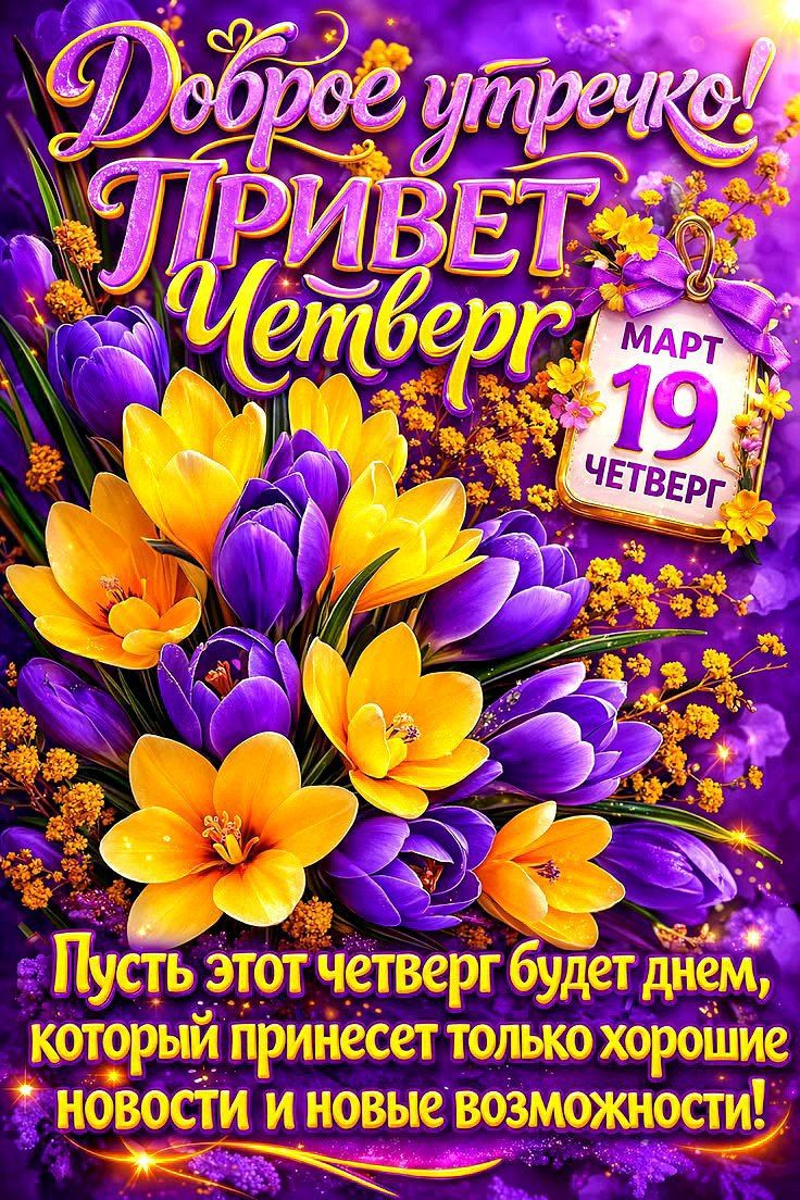 Доброе утречко! ПРИВЕТ Четверг МАРТ 19 ЧЕТВЕРГ Пусть этот четверг будет днем, который принесет только хорошие новости и новые возможности!