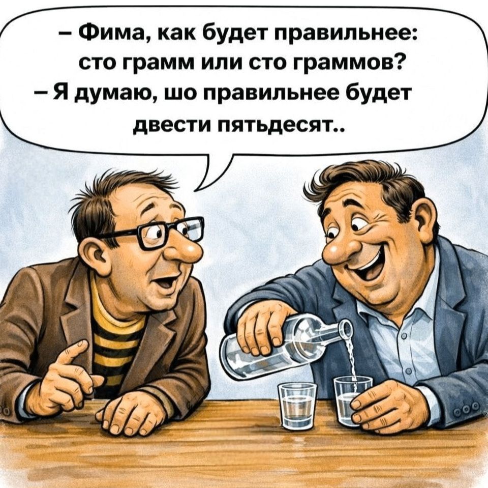 – Фима, как будет правильнее: сто грамм или сто граммов? – Я думаю, что правильнее будет двести пятьдесят..