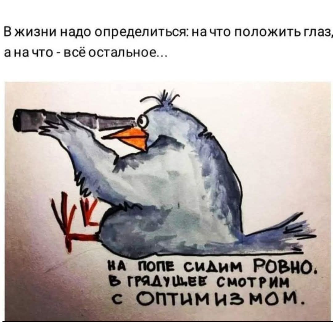 В жизни надо определиться: на что положить глаз, а на что - всё остальное... НА ПОПЕ СИДИМ РОВНО. В ГРЯДУЩЕЕ СМОТРИМ С ОПТИМИЗМОМ.