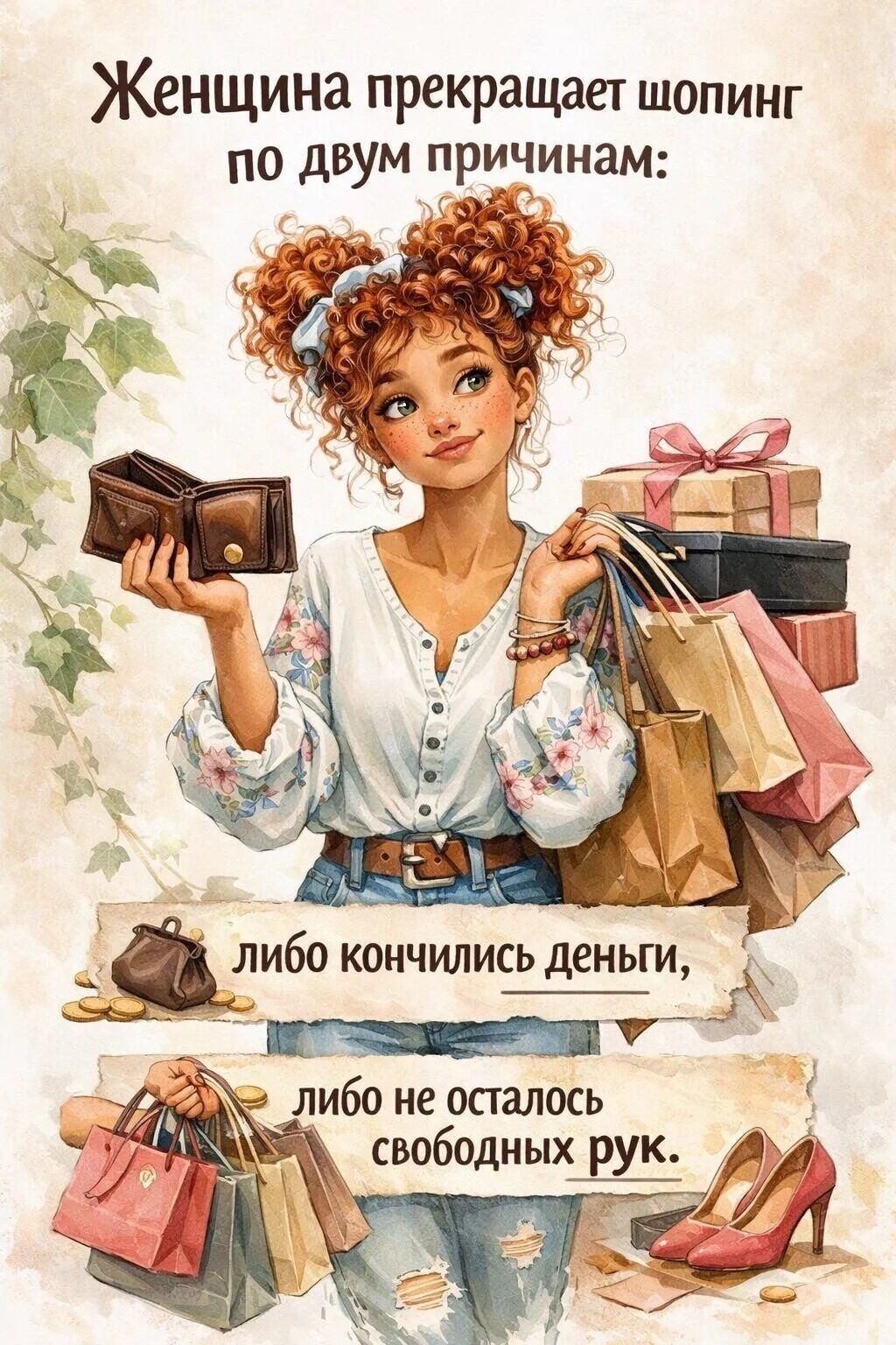 Женщина прекращает шопинг по двум причинам: либо кончились деньги, либо не осталось свободных рук.