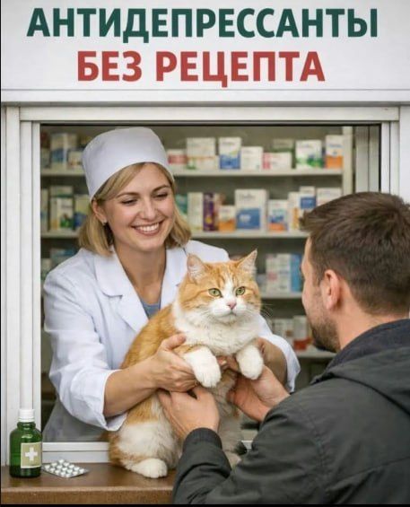 АНТИДЕПРЕССАНТЫ БЕЗ РЕЦЕПТА. Фармацевт передает рыжего кота покупателю в аптеке.