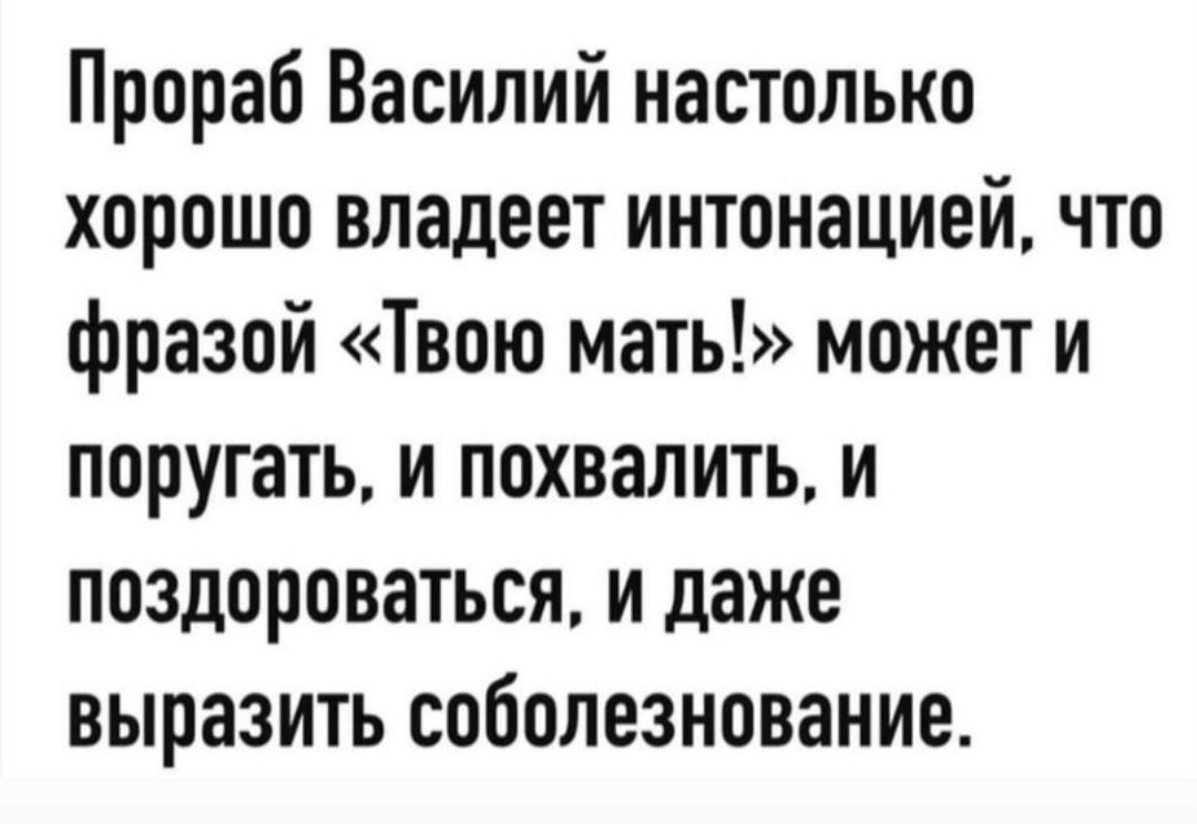 Прораб Василий настолько хорошо владеет интонацией что фразой Твою мать может и поругать и похвалить и поздороваться и даже выразить соболезнование