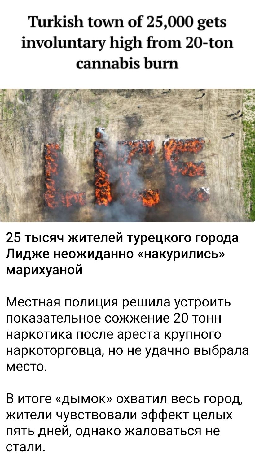 Turkish town of 25,000 gets involuntary high from 20-ton cannabis burn
25 тысяч жителей турецкого города Лидже неожиданно «накурились» марихуаной
Местная полиция решила устроить показательное сожжение 20 тонн наркотика после ареста крупного наркоторговца, но неудачно выбрала место.
В итоге «дымок» охватил весь город, жители чувствовали эффект целых пять дней, однако жаловаться не стали.