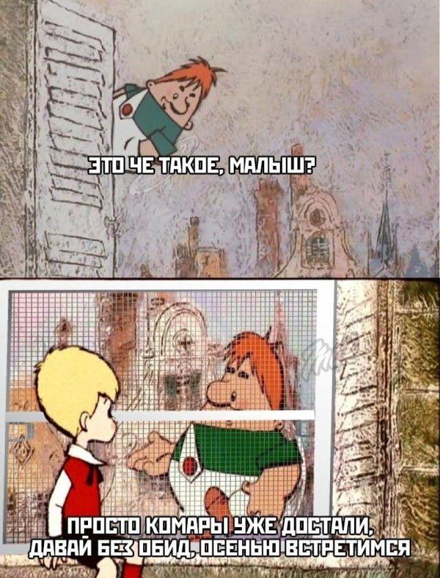 ЭТО ЧЕ ТАКОЕ, МАЛЫШ?
ПРОСТО КОМАРЫ УЖЕ ДОСТАЛИ, ДАВАЙ БЕЗ ОБИД, ОСЕНЬЮ ВСТРЕТИМСЯ