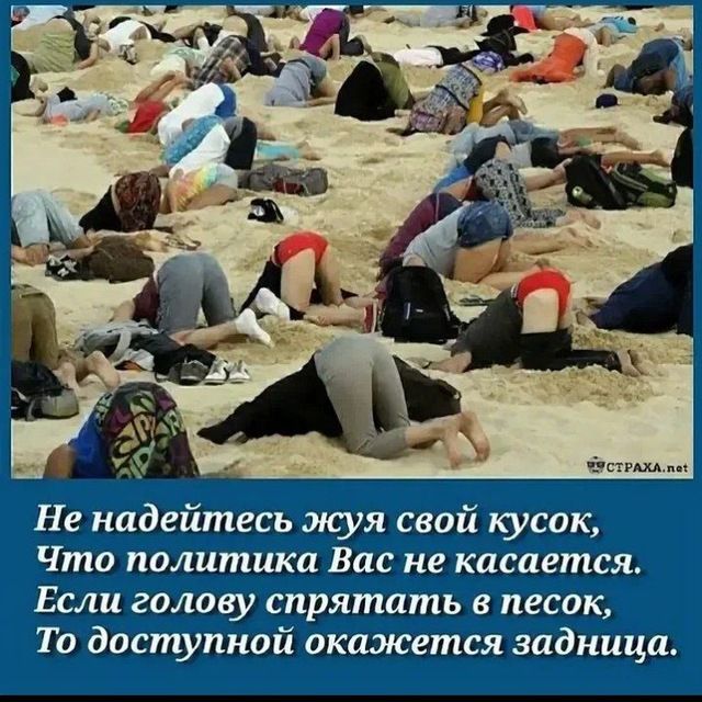 Не надеитесь жуя свой кусок, Что политика Вас не касается. Если голову спрятать в песок, То доступной окажется задница.