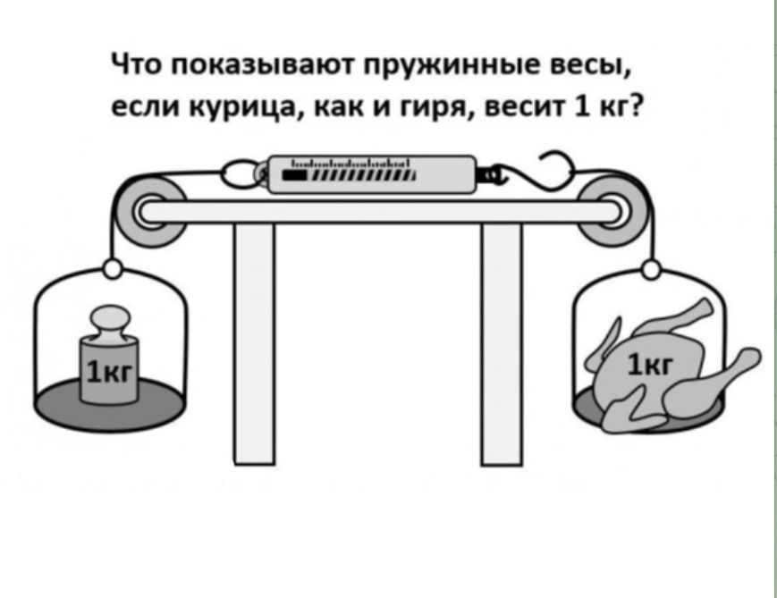 Что показывают пружинные весы, если курица, как гиря, весит 1 кг?