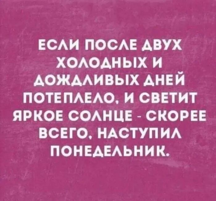 ЕСЛИ ПОСЛЕ ДВУХ ХОЛОДНЫХ И ДОЖДЛИВЫХ ДНЕЙ ПОТЕПЛЕЛО, И СВЕТИТ ЯРКОЕ СОЛНЦЕ - СКОРЕЕ ВСЕГО, НАСТУПИЛ ПОНЕДЕЛЬНИК.
