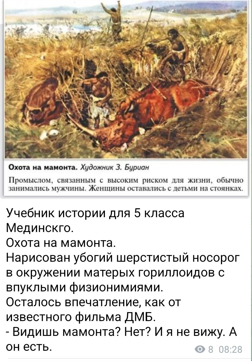 Учебник истории для 5 класса Мединского. Охота на мамонта. Нарисован убогий шерстистый носорог в окружении матерых гориллоидов с выпуклыми физиономиями. Осталось впечатление, как от известного фильма ДМБ. - Видишь мамонта? Нет? И я не вижу. А он есть.