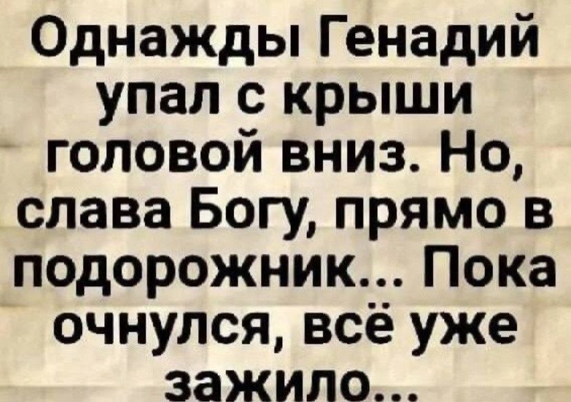 Однажды Генадий упал с крыши головой вниз. Но, слава Богу, прямо в подорожник... Пока очнулся, всё уже зажило...