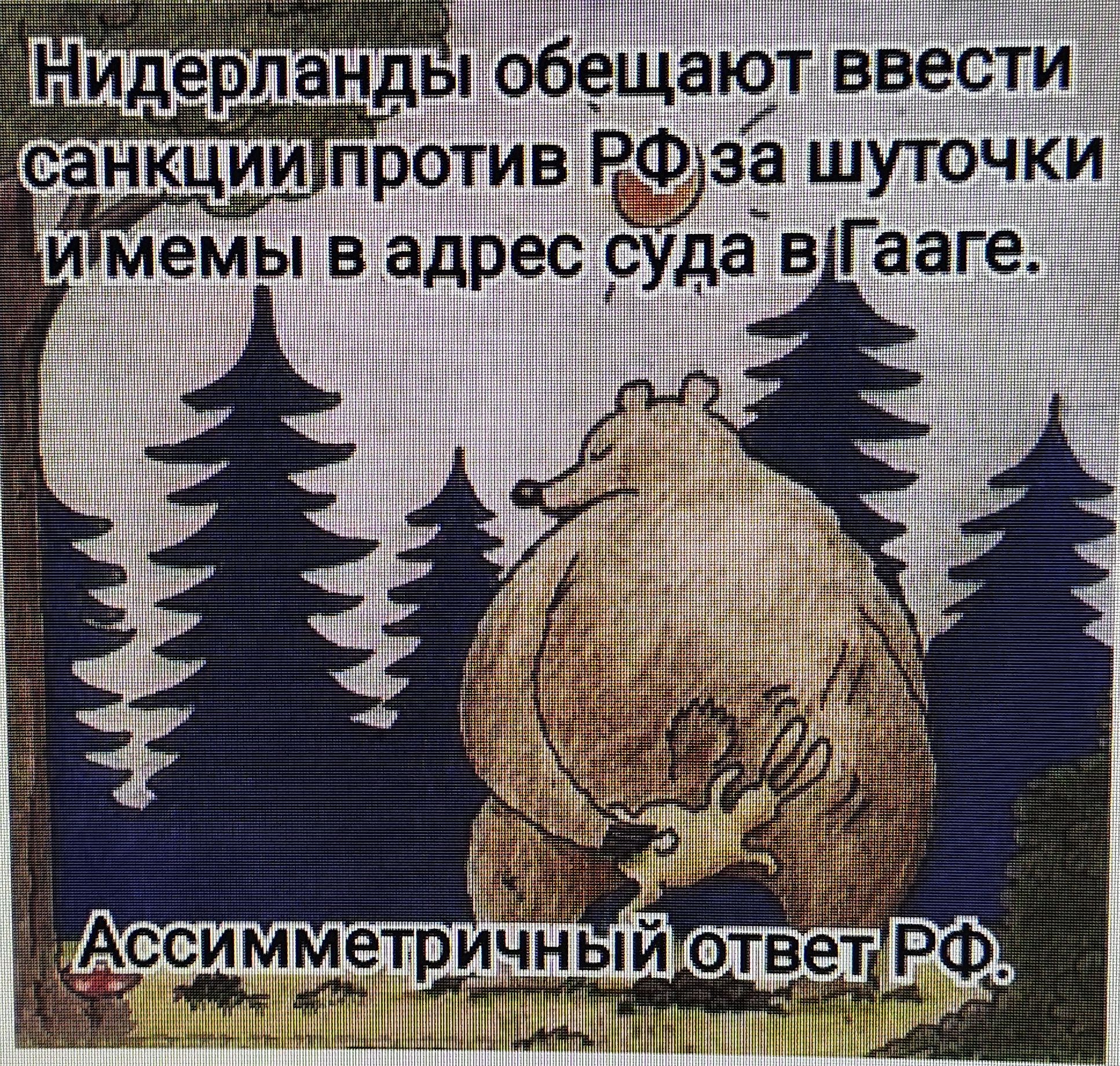 Нидерланды обещают ввести санкции против РФ за шуточки иmemы в адрес суда в Гааге.
Ассимметричный ответ РФ.