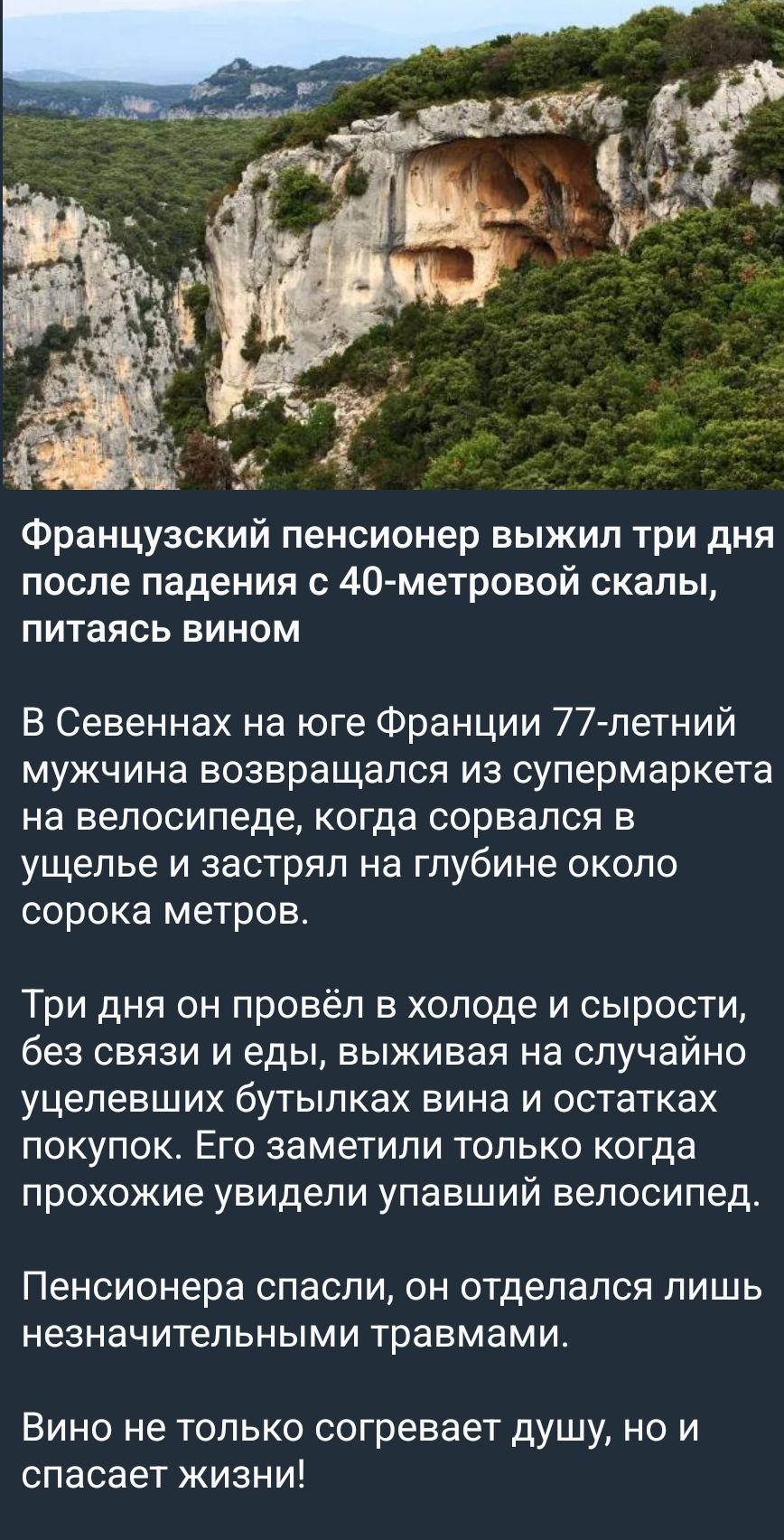 Французский пенсионер выжил три дня после падения с 40-метровой скалы, питаясь вином. В Севинь на юге Франции 77‑летний мужчина вернулся из супермаркета на велосипеде, сорвался в щель и застрял на глубине около сорока метров. Три дня он провёл в холоде и сырости, без связи и еды, выживaя на случайно улетевших бутылках вина и остатках покупок. Его заметили только когда прохожие увидели упавший велосипед. Пенсионера спасли, он отделался лишь незначительными травмами. Вино не только согревает душу, но и спасает жизни!