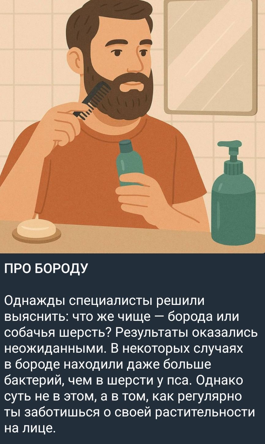 ПРО БОРОДУ: Однажды специалисты решили выяснить: что же чище — борода или собачья шерсть? Результаты оказались неожиданными. В некоторых случаях в бороде находили даже больше бактерий, чем в шерсти у пса. Однако суть не в этом, а в том, как регулярно ты заботишься о своей растительности на лице.