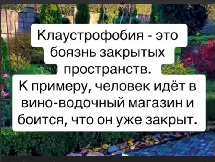 Клаустрофобия - это боязнь закрытых пространств. К примеру, человек идёт в вино-водочный магазин и боится, что он уже закрыт.