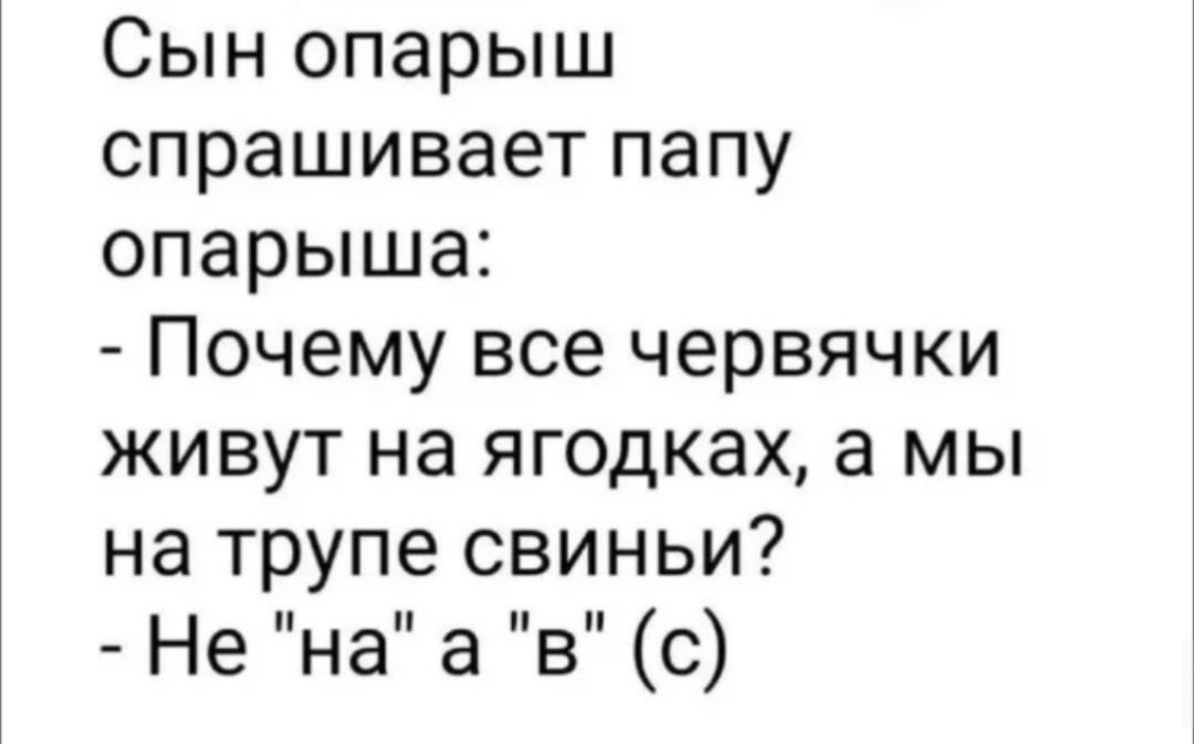 Сын опарыш спрашивает папу опарыша: - Почему все червячки живут на ягодках, а мы на трупе свиньи? - Не 