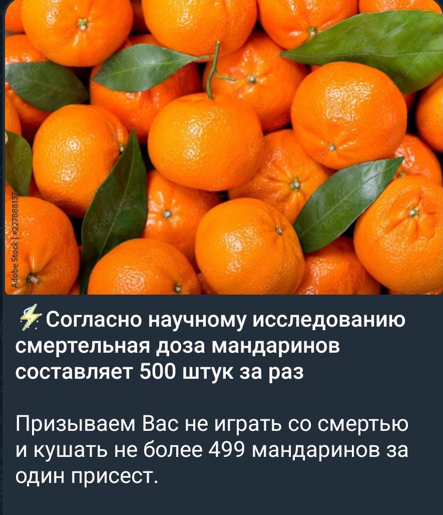 ⚡ Согласно научному исследованию смертельная доза мандаринов составляет 500 штук за раз Призываем Вас не играть со смертью и кушать не более 499 мандаринов за один присест.