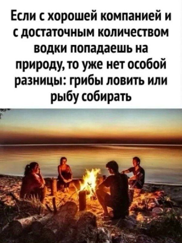 Если с хорошей компанией и с достаточным количеством водки попадаешь На природу, то уже нет особой разницы: грибы ловить или рыбу собирать