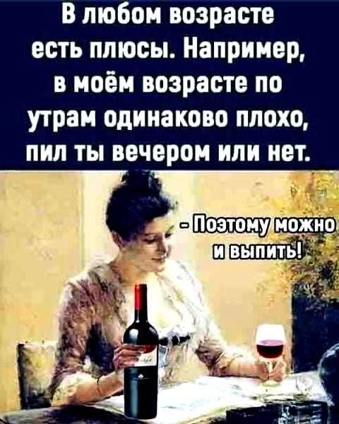 В любом возрасте есть плюсы. Например, в моём возрасте по утрам одинаково плохо, пил ты вечером или нет. - Поэтому можно и выпить!