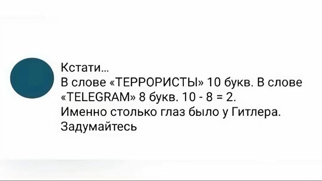 Кстати... В слове «ТЕРРОРИСТЫ» 10 букв. В слове «TELEGRAM» 8 букв. 10 - 8 = 2. Именно столько глаз было у Гитлера. Задумайтесь
