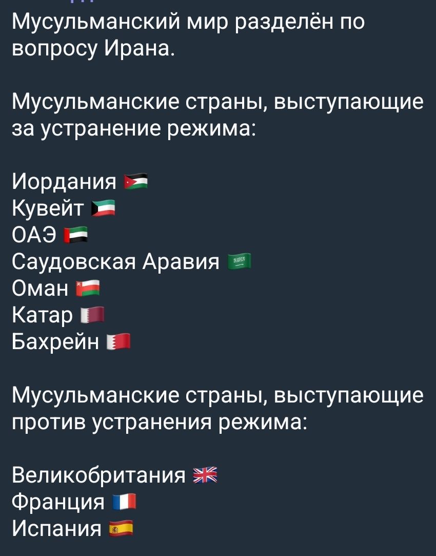 Мусульманский мир разделён по вопросу Ирана. Мусульманские страны, выступающие за устранение режима: Иордания, Кувейт, ОАЭ, Саудовская Аравия, Оман, Катар, Бахрейн. Мусульманские страны, выступающие против устранения режима: Великобритания, Франция, Испания.