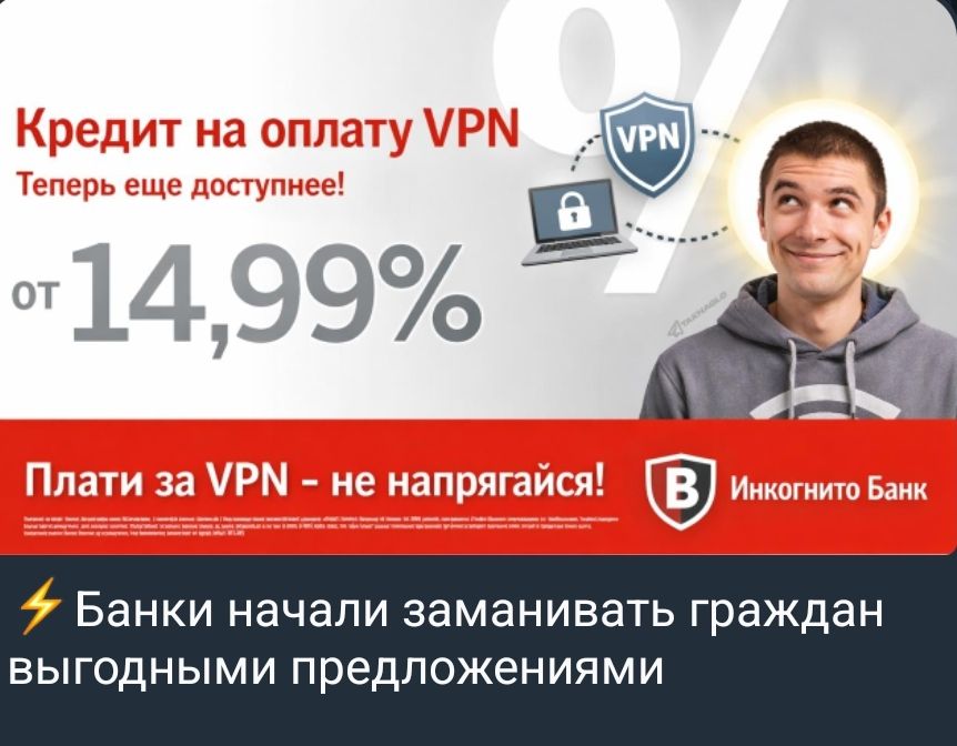 Кредит на оплату VPN. Теперь еще доступнее! от 14,99%. Плати за VPN - не напрягайся! Инкогнито Банк. Банки начали заманивать граждан выгодными предложениями.