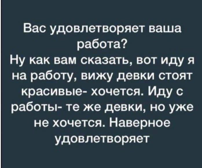 Вас удовлетворяет ваша работа Ну как вам сказать вот иду я на работу вижу девки стоят красивые хочется Иду с работы те же девки но уже не хочется Наверное удовлетворяет